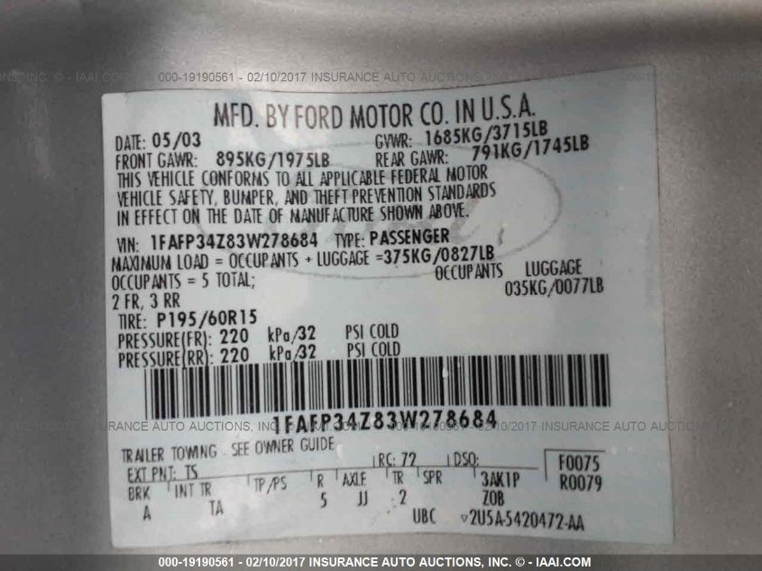 2003 Ford Focus Se VIN: 1FAFP34Z83W278684 Lot: 19190561