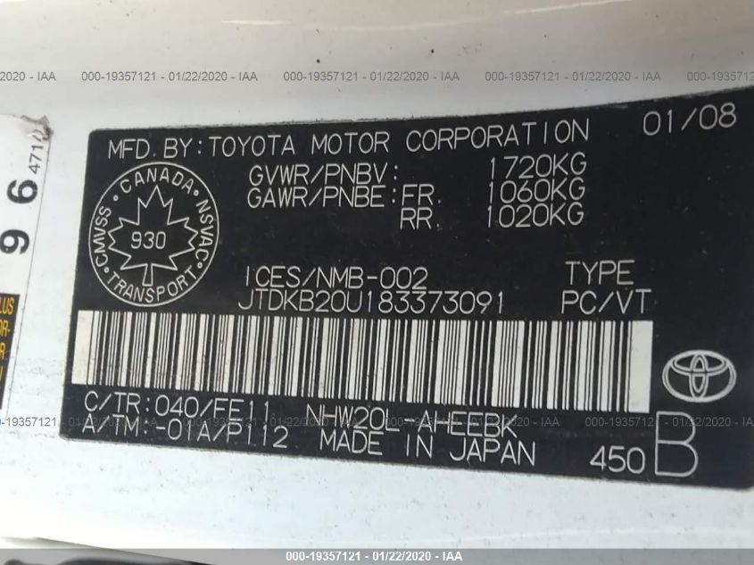 2008 Toyota Prius Touring/Standard/Base (Cvt-E) VIN: JTDKB20U183373091 Lot: 19357121
