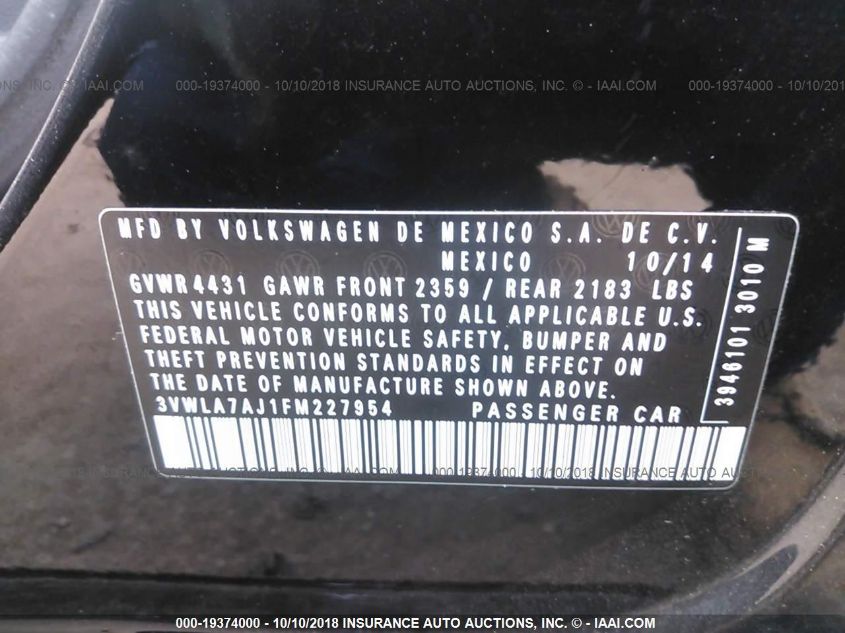 2015 Volkswagen Jetta Tdi VIN: 3VWLA7AJ1FM227954 Lot: 19374000