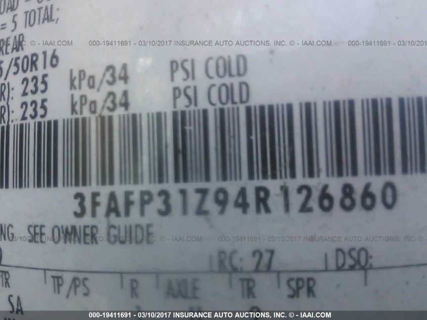 2004 Ford Focus Zx3 VIN: 3FAFP31Z94R126860 Lot: 19411691