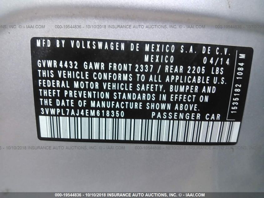 2014 Volkswagen Jetta Tdi VIN: 3VWPL7AJ4EM618350 Lot: 19544836