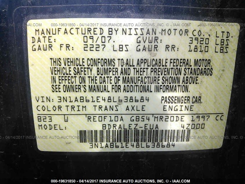 2008 Nissan Sentra 2.0S VIN: 3N1AB61E48L638684 Lot: 19631850