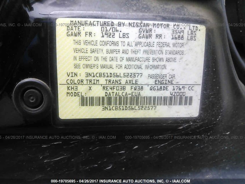 2006 Nissan Sentra 1.8/1.8S VIN: 3N1CB51D56L522577 Lot: 19705695