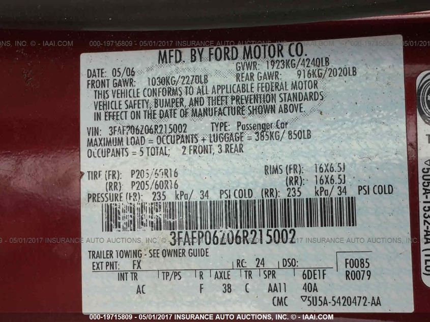 3FAFP06Z06R215002 2006 Ford Fusion S