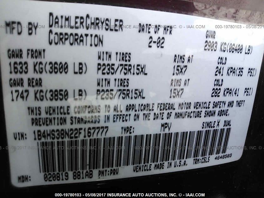 2002 Dodge Durango Sport VIN: 1B4HS38N22F167777 Lot: 19780103