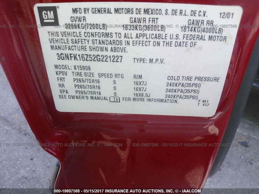 2002 Chevrolet Suburban Lt VIN: 3GNFK16Z52G221227 Lot: 19807588