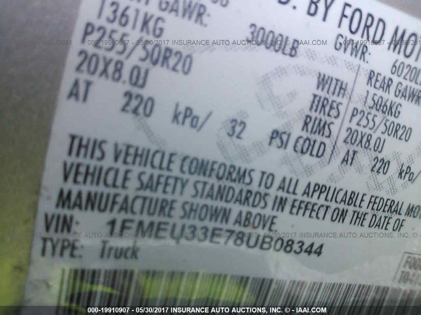 2008 Ford Explorer Sport Trac Limited VIN: 1FMEU33E78UB08344 Lot: 19910907