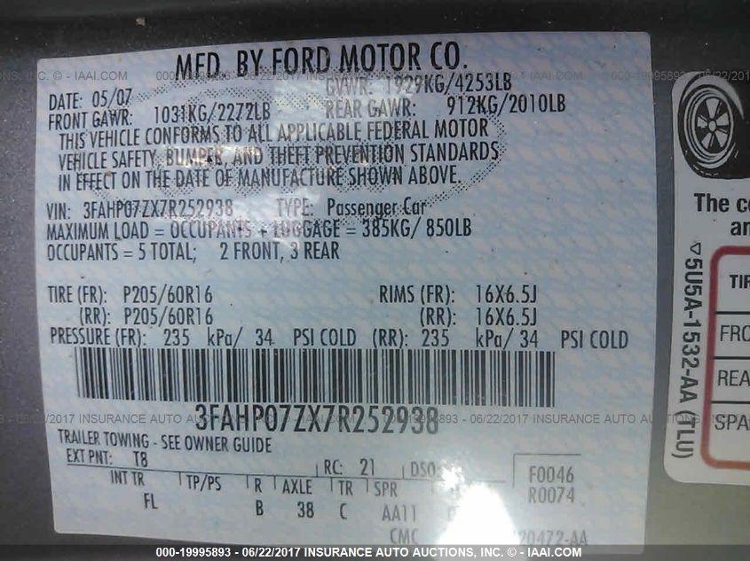 2007 Ford Fusion Se VIN: 3FAHP07ZX7R252938 Lot: 19995893