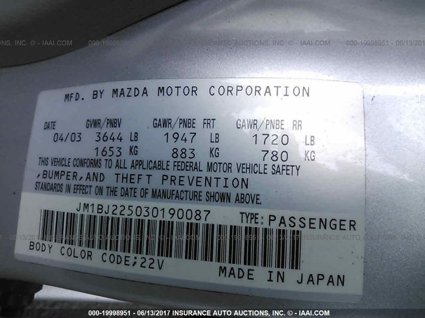 2003 Mazda Protege Dx/Lx/Es VIN: JM1BJ225030190087 Lot: 19998951