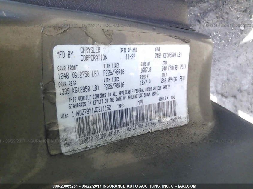 1998 Jeep Grand Cherokee Limited VIN: 1J4GZ78Y1WC211152 Lot: 20065261