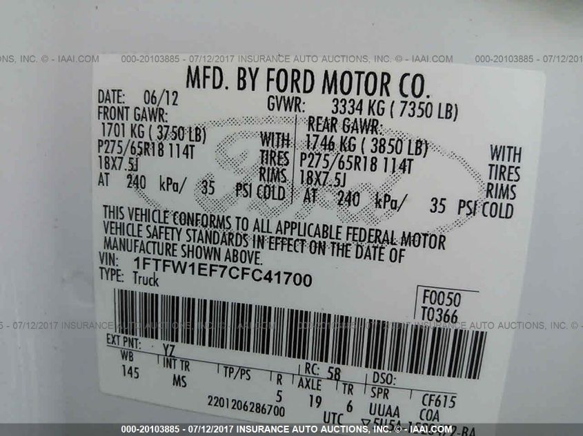 1FTFW1EF7CFC41700 2012 Ford F150 Supercrew