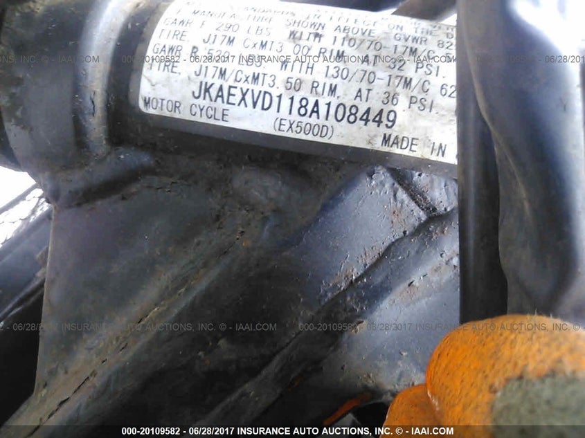 2008 Kawasaki Ex500 D VIN: JKAEXVD118A108449 Lot: 20109582