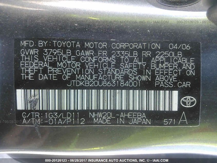 2006 Toyota Prius VIN: JTDKB20U863184001 Lot: 20126123