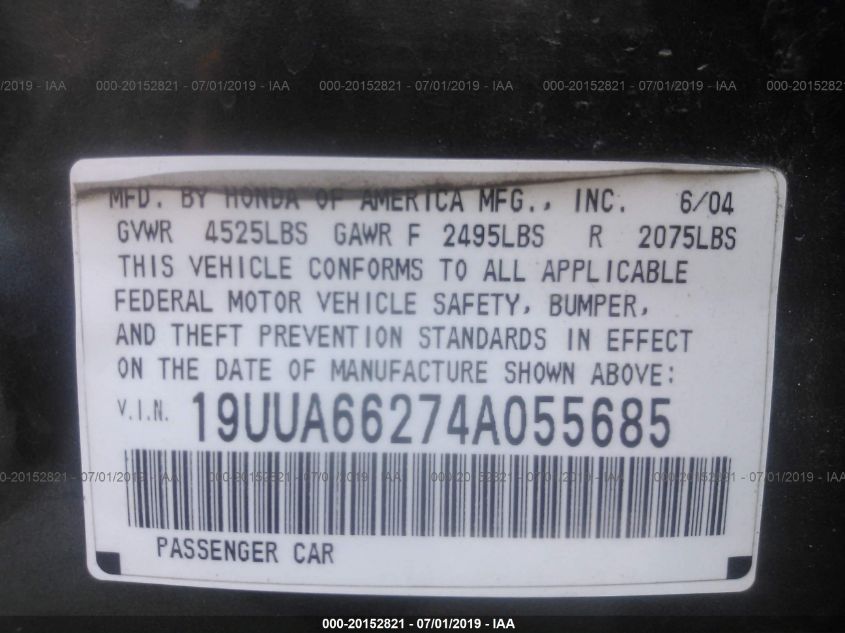 2004 Acura Tl VIN: 19UUA66274A055685 Lot: 20152821