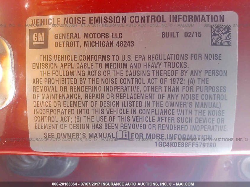 2015 Chevrolet Silverado 3500Hd Ltz VIN: 1GC4K0E88FF579190 Lot: 20188364