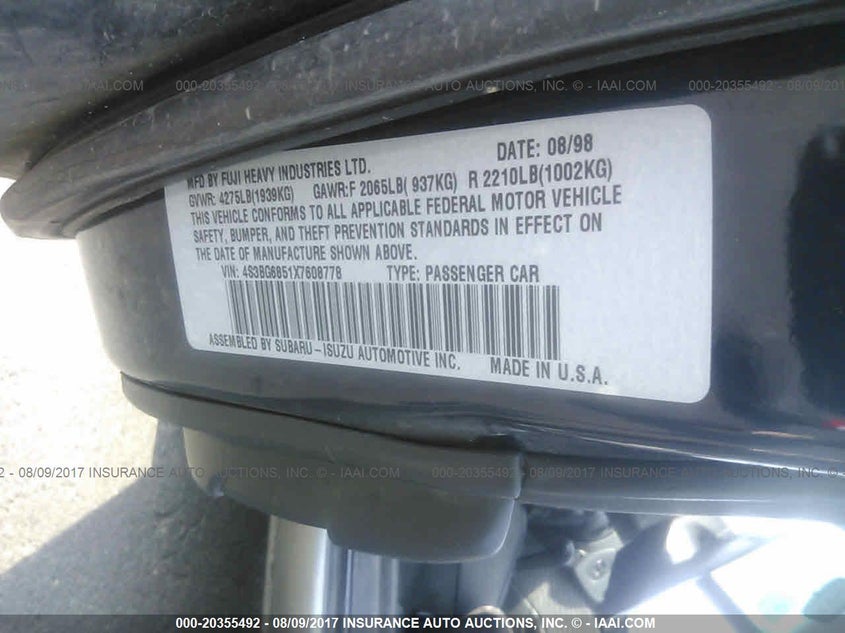 1999 Subaru Legacy Outback/Ssv/Limited/30Th VIN: 4S3BG6851X7608778 Lot: 20355492