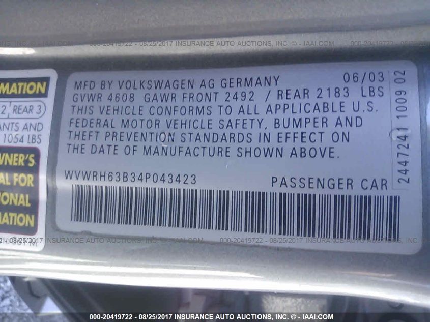 WVWRH63B34P043423 2004 Volkswagen Passat Glx