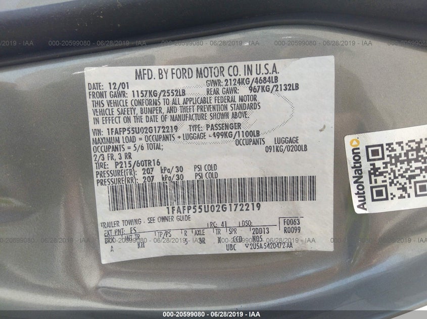 2002 Ford Taurus Ses VIN: 1FAFP55U02G172219 Lot: 20599080