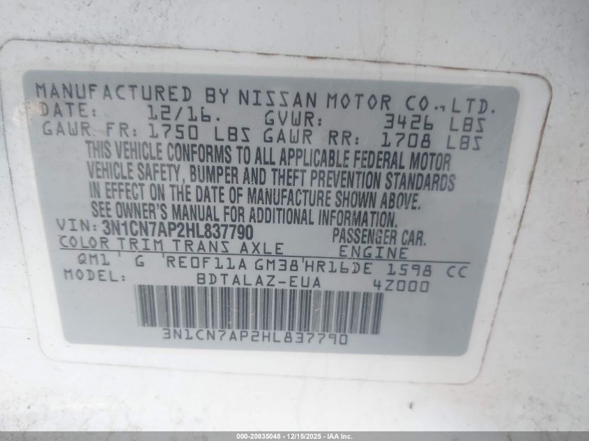 2017 Nissan Versa 1.6 S+ VIN: 3N1CN7AP2HL837790 Lot: 20835048