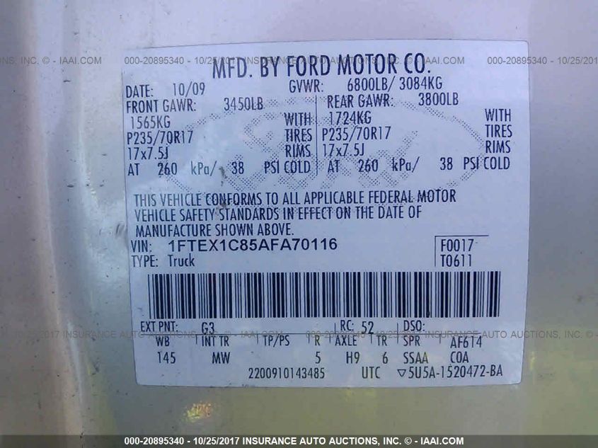 1FTEX1C85AFA70116 2010 Ford F150 Super Cab