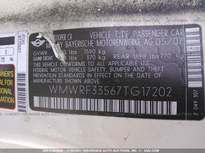 WMWRF33567TG17202 2007 Mini Cooper