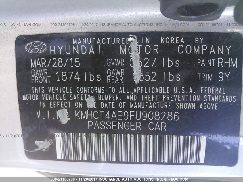 2015 Hyundai Accent Gls VIN: KMHCT4AE9FU908286 Lot: 21166708