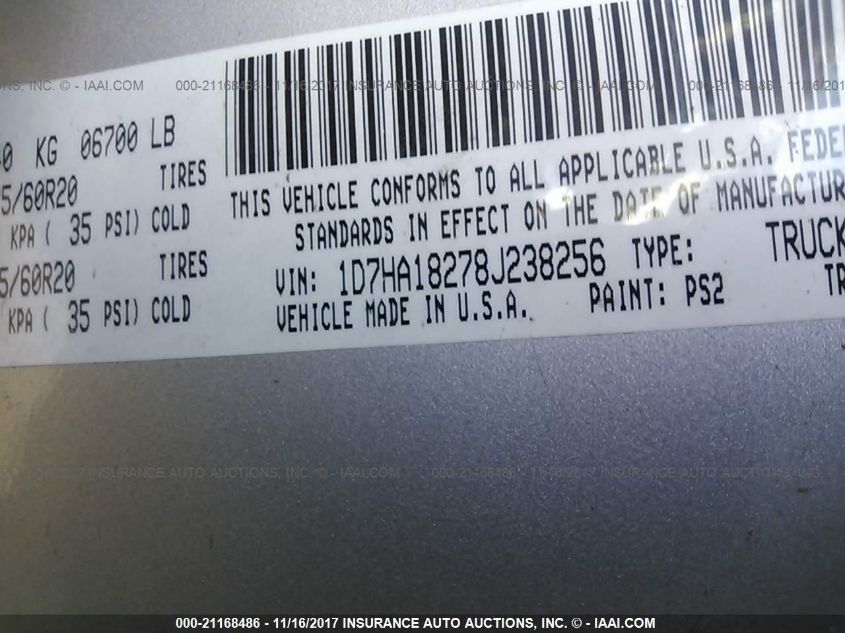 2008 Dodge Ram 1500 Slt VIN: 1D7HA18278J238256 Lot: 21168486
