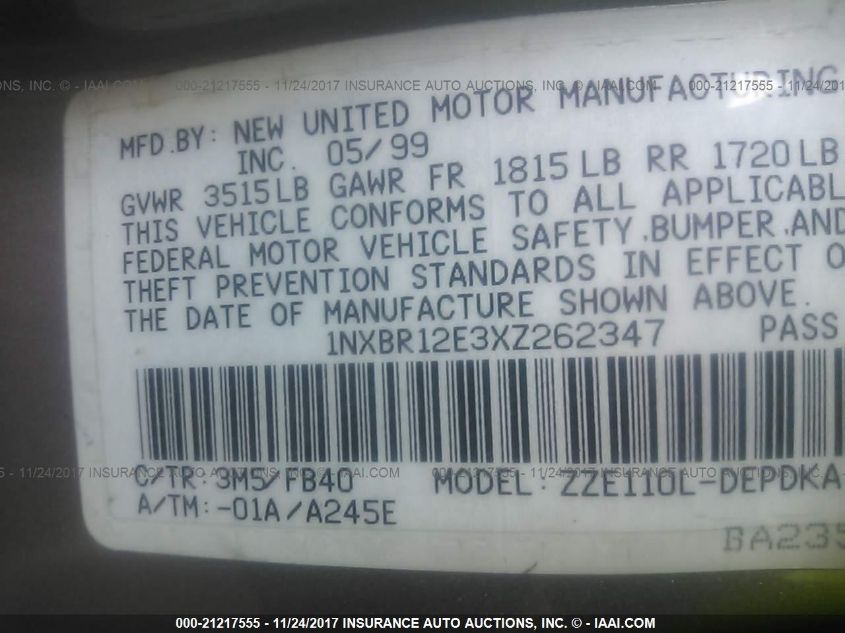 1999 Toyota Corolla Ce VIN: 1NXBR12E3XZ262347 Lot: 21217555