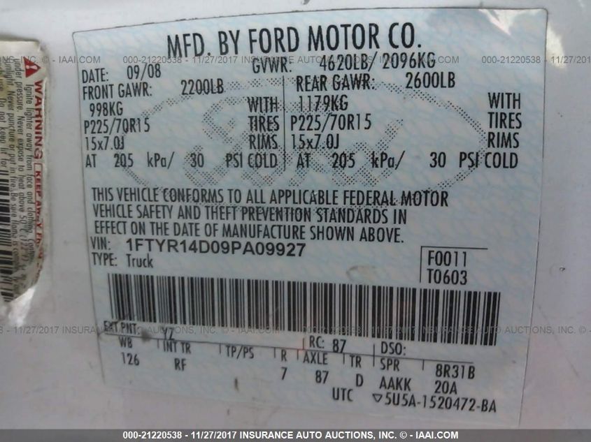 2009 Ford Ranger Xl/Xlt VIN: 1FTYR14D09PA09927 Lot: 21220538
