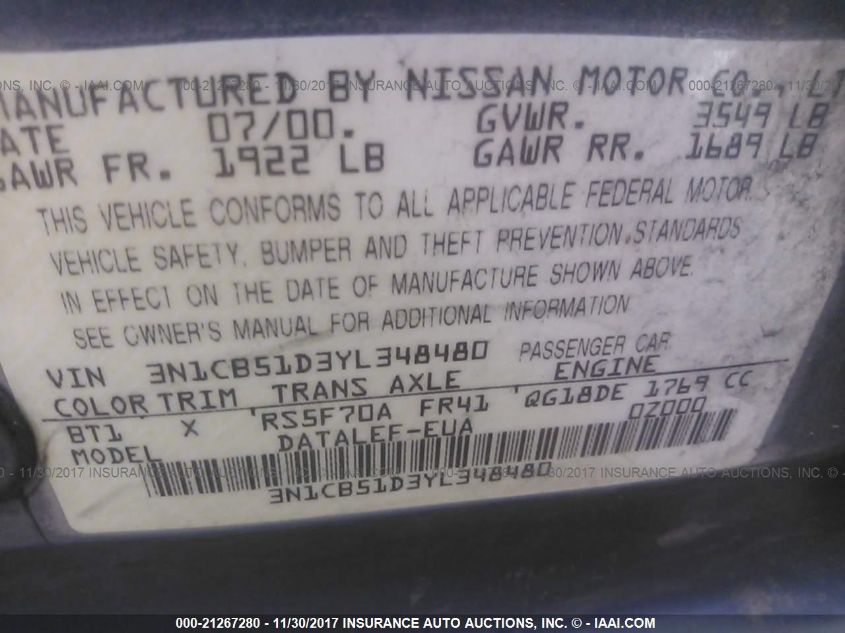 2000 Nissan Sentra Gxe/Xe VIN: 3N1CB51D3YL348480 Lot: 21267280