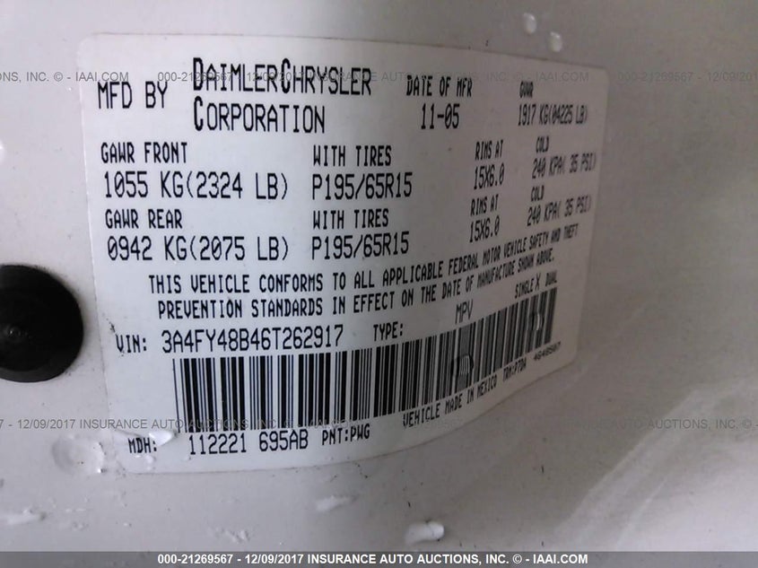 2006 Chrysler Pt Cruiser VIN: 3A4FY48B46T262917 Lot: 21269567