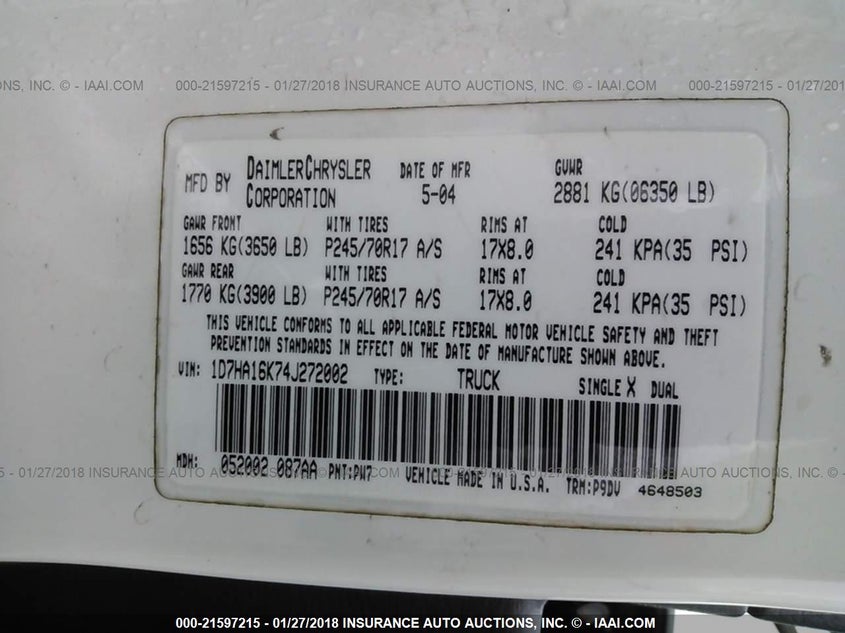 2004 Dodge Ram 1500 St VIN: 1D7HA16K74J272002 Lot: 21597215