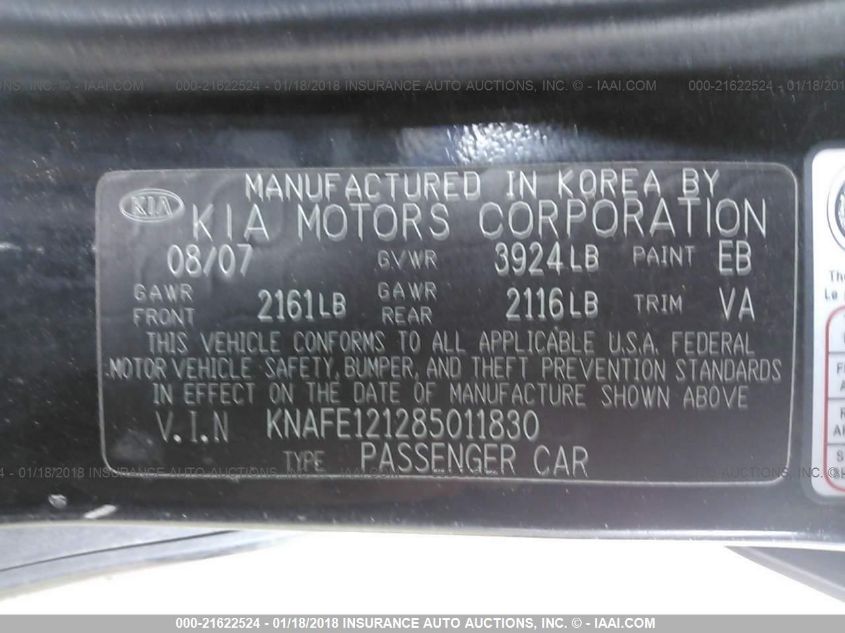 KNAFE121285011830 2008 Kia Spectra Sx