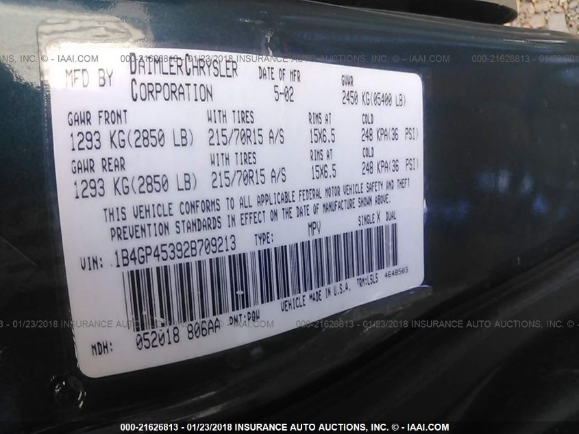 2002 Dodge Caravan Sport VIN: 1B4GP45392B709213 Lot: 21626813