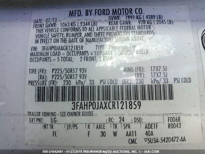 3FAHP0JAXCR121859 2012 Ford Fusion Sel