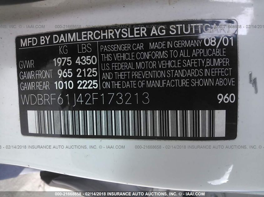 2002 Mercedes-Benz C 240 VIN: WDBRF61J42F173213 Lot: 21668658
