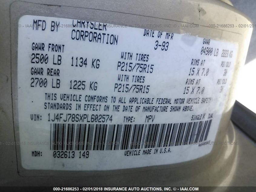 1993 Jeep Cherokee Country VIN: 1J4FJ78SXPL602574 Lot: 21686253