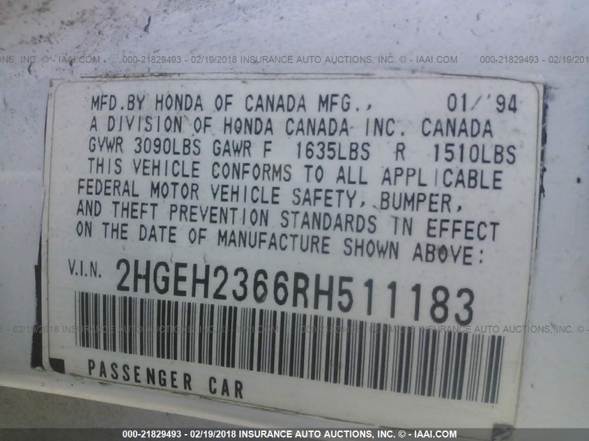 1994 Honda Civic Dx VIN: 2HGEH2366RH511183 Lot: 21829493