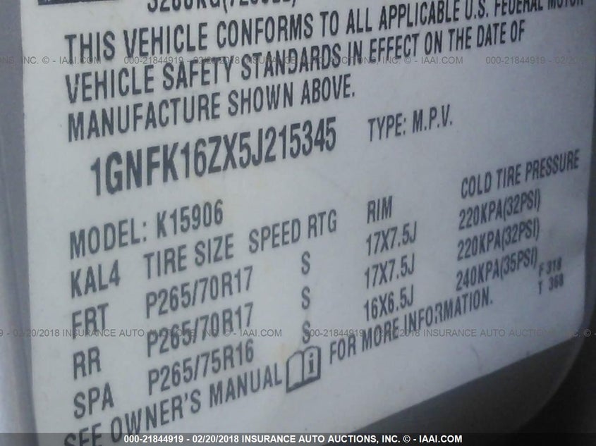 2005 Chevrolet Suburban Lt VIN: 1GNFK16ZX5J215345 Lot: 21844919