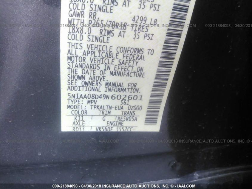 2009 Nissan Armada Se/Le VIN: 5N1AA08D49N602601 Lot: 21884098