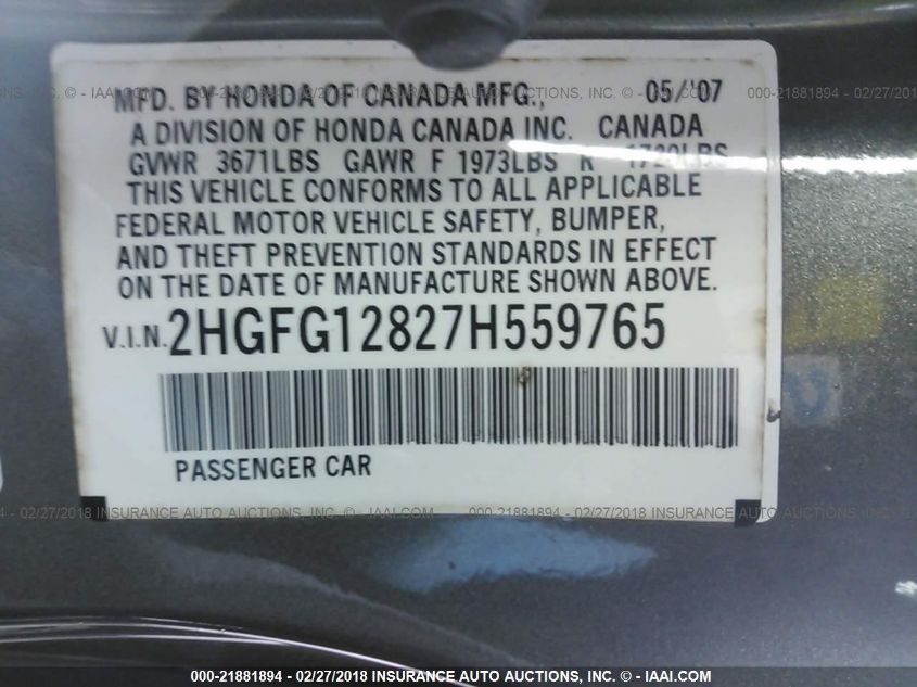 2HGFG12827H559765 2007 Honda Civic Ex