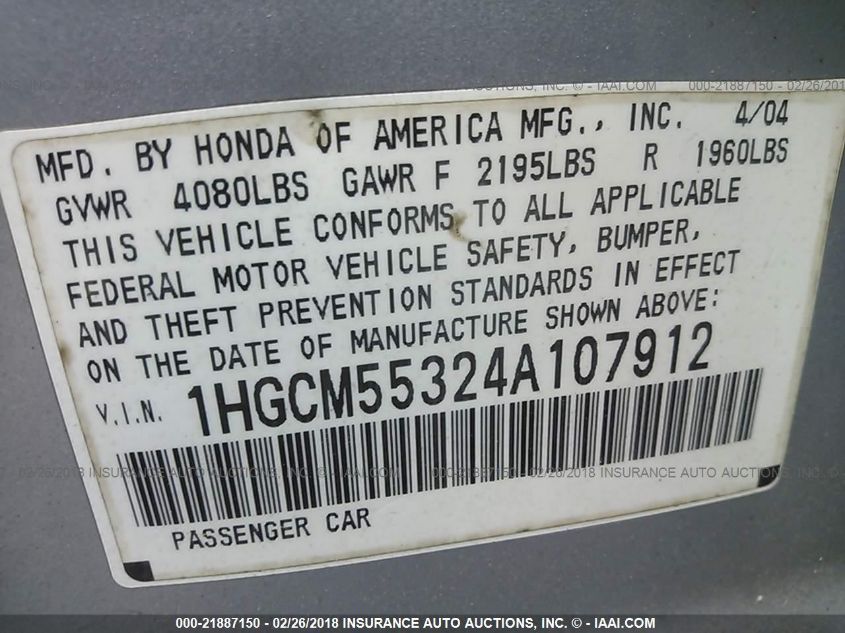 2004 Honda Accord 2.4 Lx VIN: 1HGCM55324A107912 Lot: 21887150