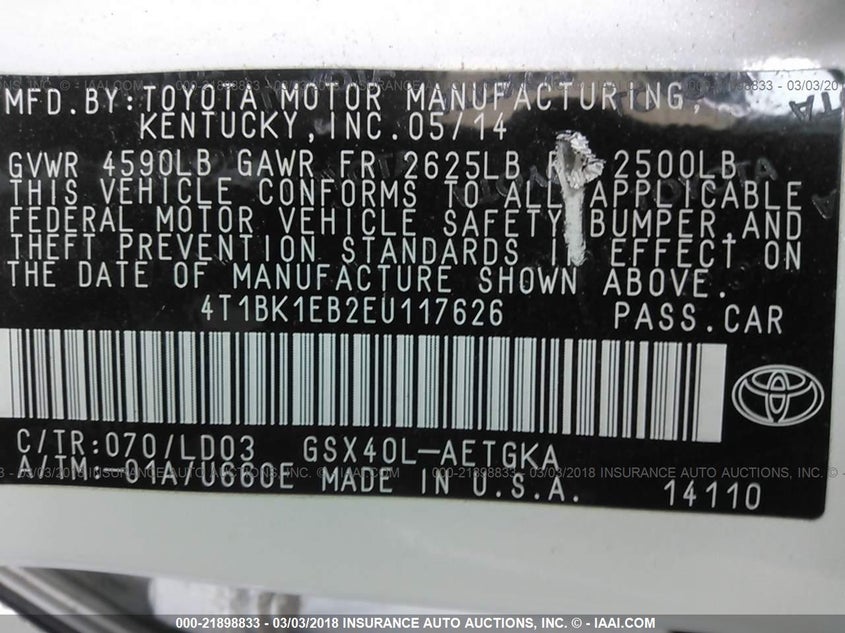 2014 Toyota Avalon Xle VIN: 4T1BK1EB2EU117626 Lot: 21898833