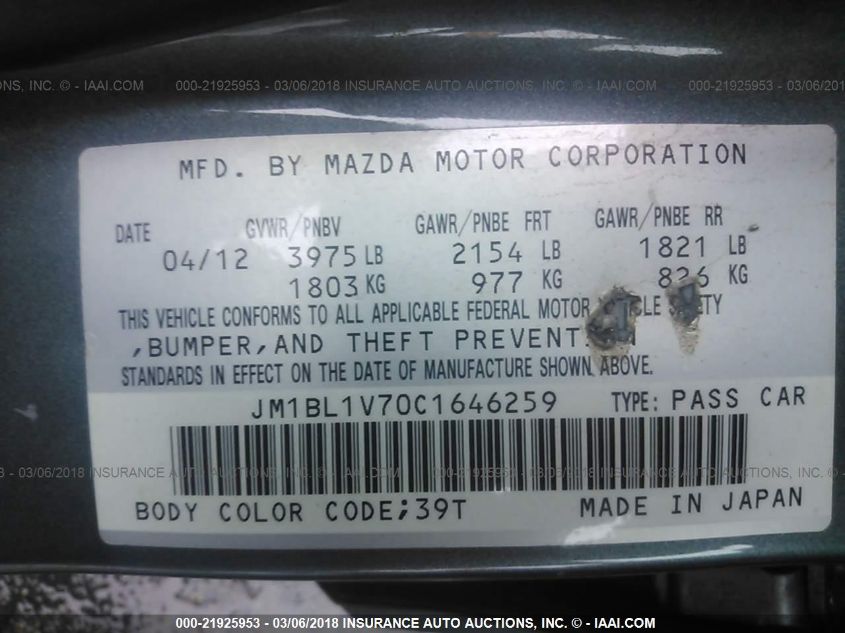 2012 Mazda Mazda3 VIN: JM1BL1V70C1646259 Lot: 40375591