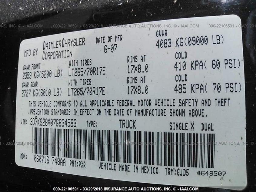 2007 Dodge Ram 2500 VIN: 3D7KS28A07G834583 Lot: 22106591