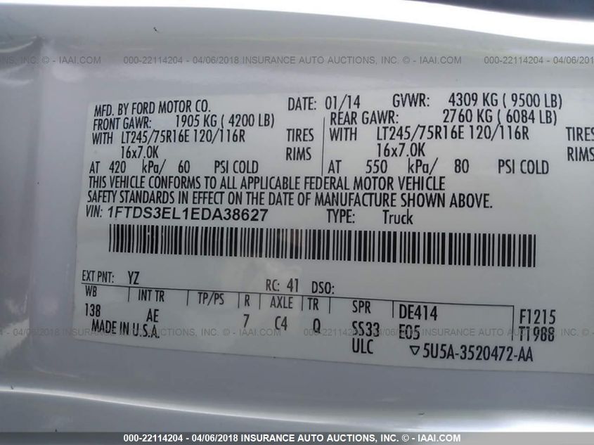 2014 Ford E-350 Super Duty Commercial VIN: 1FTDS3EL1EDA38627 Lot: 22114204