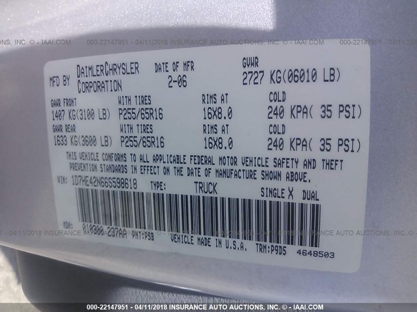 2006 Dodge Dakota Slt VIN: 1D7HE42N66S598618 Lot: 22147951