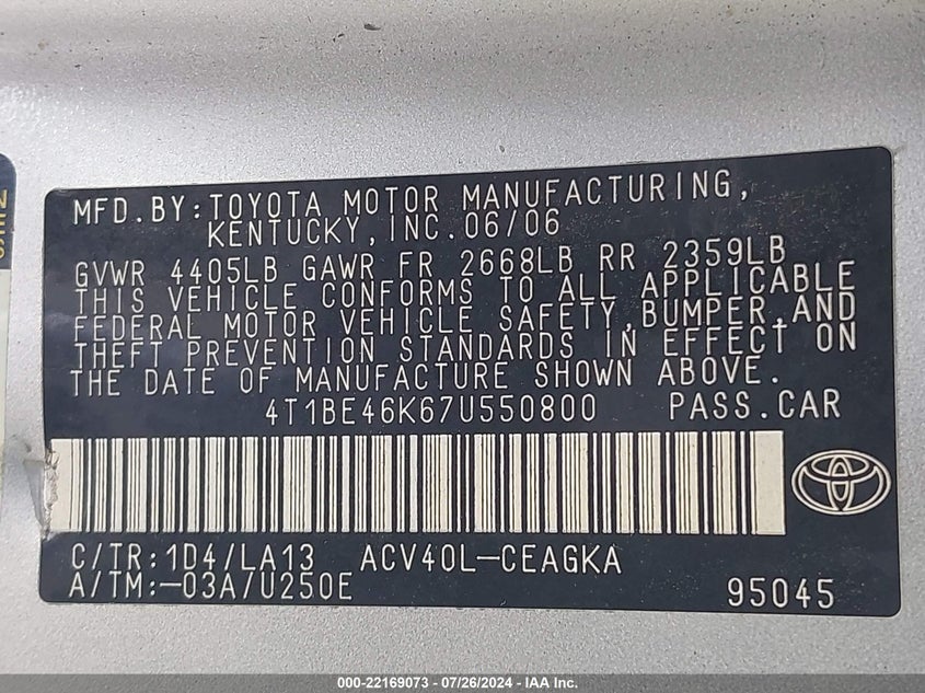 2007 Toyota Camry Xle VIN: 4T1BE46K67U550800 Lot: 22169073