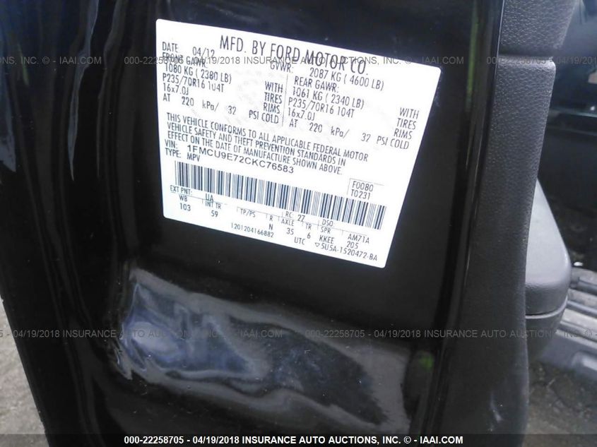 1FMCU9E72CKC76583 2012 Ford Escape Limited