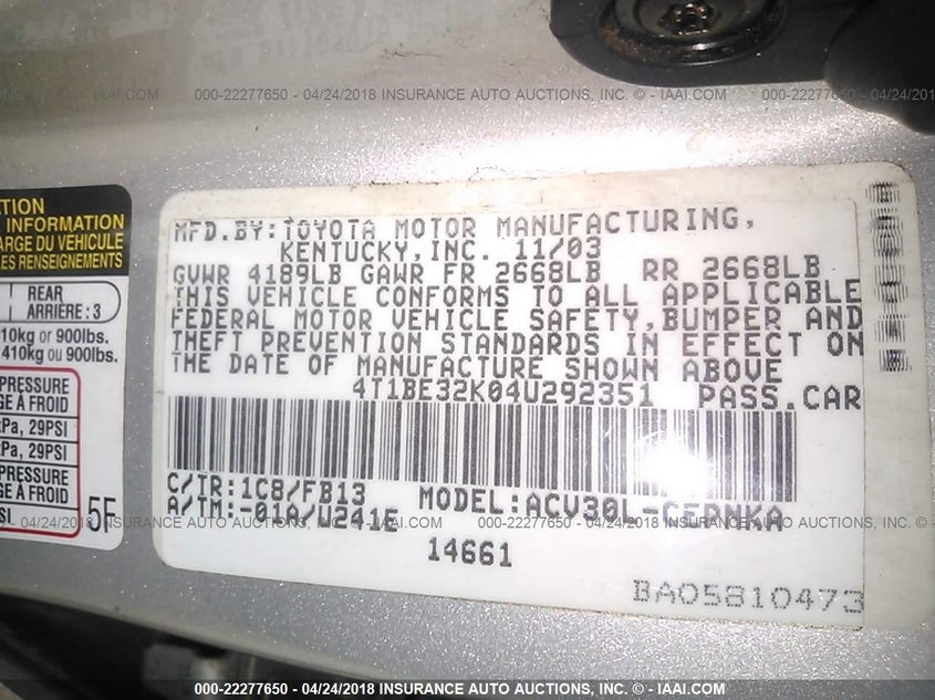 2004 Toyota Camry Le VIN: 4T1BE32K04U292351 Lot: 22277650